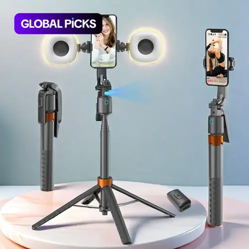Smart Face-Tracking Selfie Stick, Portable Selfie Accessory, Rechargeable 360-Degree Auto-Tracking Adjustable Phone Holder with 2 Fill Lights and Tripod for Vlogging and Live Streaming, Smartphone Camera Accessory, Cellphone Selfie Accessory