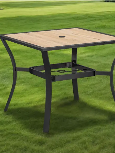 Yitahome  Square / Rectangle Patio Outdoor Dining Picnic Coffee Table Lawn w/ Umbrella Hole Beige Metal Frame Tempered Glass Top, Brown / Black