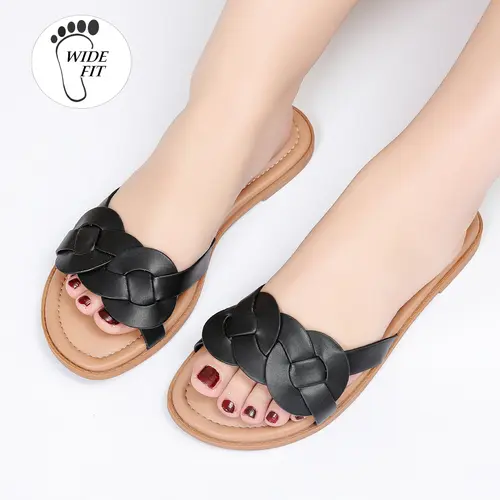 Luoika Women's Wide Width Flat Slides Sandals, Casual Comfortable Summer Beach Shoes Slip on Slide Sandal for Women.