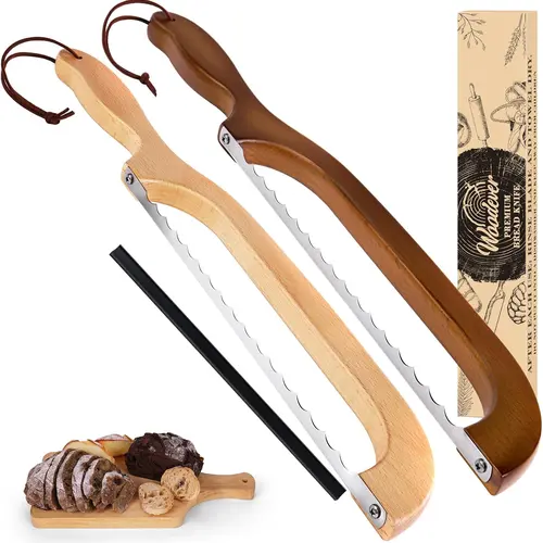 Bread Slicer for Homemade Bread, 16'' Wooden Sourdough Bread Knife with Bow Design, Premium Stainless Steel Serrated Bread Cutter for Bagels and Baguettes Cutting Utensils Blade Kitchen Accessories Set Summer Sale Deals