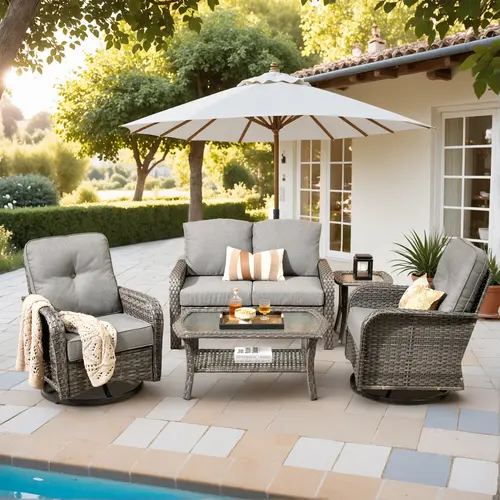 5 Pieces Patio Outdoor Furniture Set with Swivel Rocking Chairs, All Weather Wicker Patio Seating, Rattan Sectional Sofa and Chairs Set ,Outdoor Conversation Set for Backyard Porch Deck