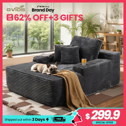 【Back To School】OVIOS 67" Boneless Chaise Lounge with Cup Holders, Oversized Deep Seat Plush Corduroy Sofa Bed, Convertible Cloud Sleeper Couch & Reading Chair for Living Room, Bedroom, Apartment, No Assembly Required