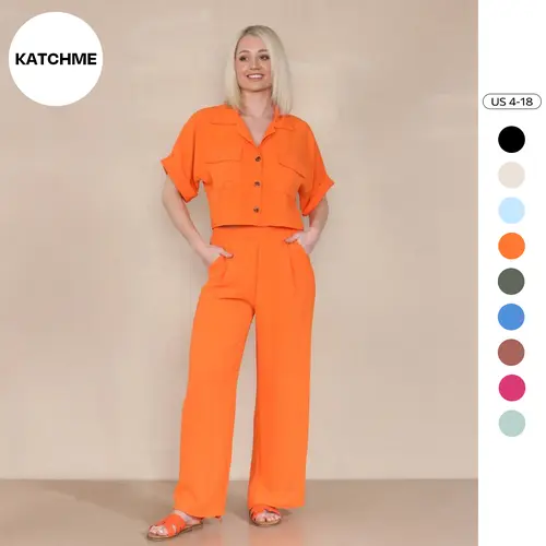 KatchMe Women's Casual Button Front Flap Pocket Blouse & Wide Leg Trousers Co-ord, Crop Short Sleeve Shirt & High Waist Pants Two-Piece Sets