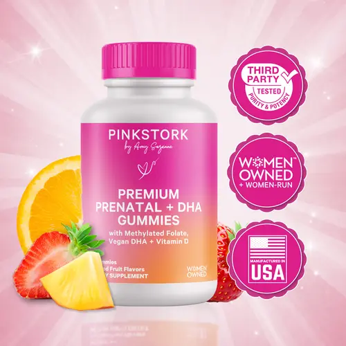 Pink Stork Premium Prenatal Gummy Vitamins for Women - 1 Month Supply with Methylated Folate and Vegan DHA, 60 Gummies, Assorted Fruit Flavors, Plant Based Supplement