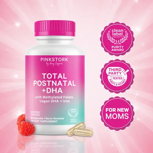 Pink Stork Total Postnatal Vitamins for Women | Clean Label Purity Award | Maternity Vitamins | No Fishy Burps | Breastfeeding Essentials | Methylated Folate, Vegan DHA, Iron | Month Supply Postpartum Dietary Supplement Multivitamin Clinically Proven Supp