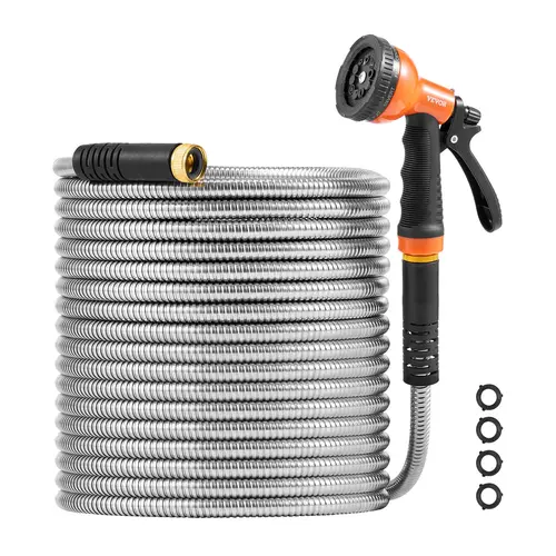 VEVOR 50 ft Kink Resistant Metal Garden Hose, Rust-Proof Stainless Steel High Flow Hose with 10-Function Nozzle, Heavy-Duty Larger Diameter Flexible Pipe for Yard Outdoor Cleaning
