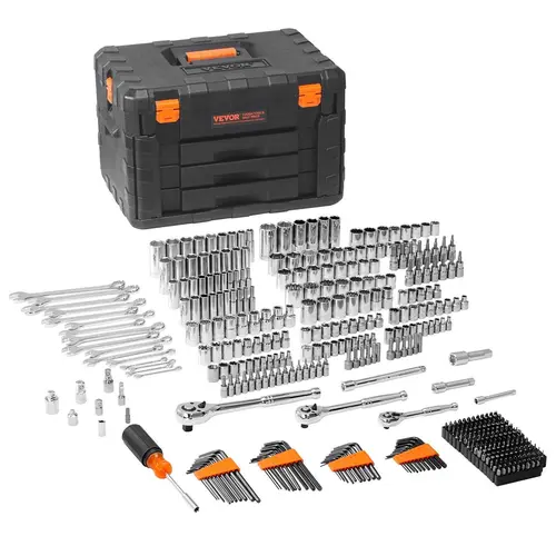 【summerfinds】VEVOR Heavy Duty Mechanic Tool Set with Tool Box, 145/205/450 Pcs SAE & Metric Hardware Kit, 1/4"-3/8"-1/2" Drive Deep & Standard Sockets, Bits, Combination Wrenches, Hex Wrenches, Accessories for Construction & Automotive Use, Storage Case