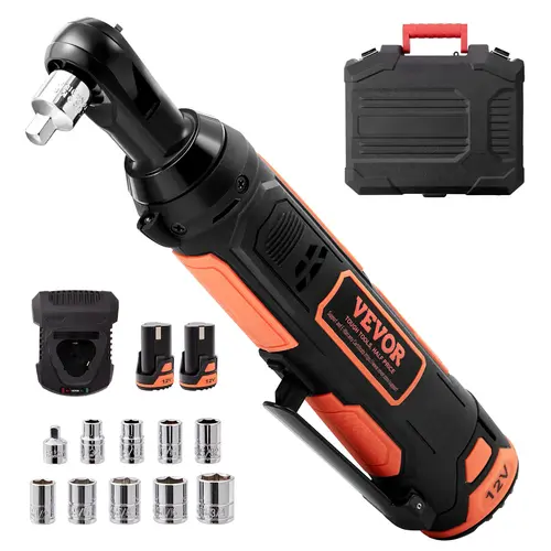VEVOR 3/8" Cordless Electric Ratchet Wrench Set for Mechanics, 12V 33 Ft-lbs High Torque Power Tool, 45-Min Fast Charge, 2-Pack 2.0Ah Batteries, Built-in LED Lights, Variable Speed Trigger, 10 Sockets, Power Tool Accessory