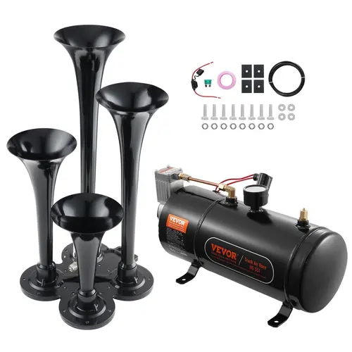 【summerfinds】VEVOR Train Horns Kit, 4 Trumpet Air Horn Kit, 150dB Train Horns for Pickup Trucks, 12V 120 psi Air Compressor 0.8 Gal/3 L Tank with Gauge for Any 12V Vehicle Car Truck Train Van Boat
