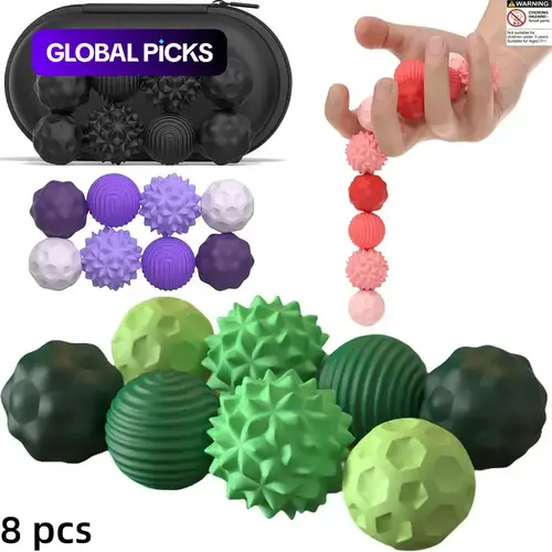 Fidget Balls Toy, 8 Counts Silicone Sensory Stress Relief Toy, Quiet Executive Desk Fidget Toys for Office, Fun Textures Roller Travel Toys Gift, Textured Stress Balls