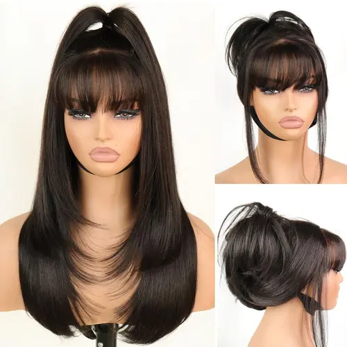 [Blend] Straight Layered Wigs with Bangs 6x4 Lace Front Wig Wear and Go Glueless Pre Style Realistic Look with True Scalp Tiny Knots 220% Density