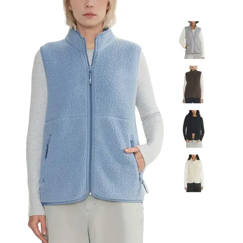 Hixiaohe Women's Light Minimalist Solid Loose Fleece Fuzzy Stand Collar Sleeveless Full-Zip Sherpa Gilet with Pocket, Warm Lady's Outwear for Black Friday