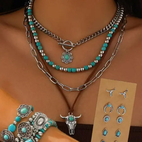 Boho Vintage Turquoise Beads Texture Decor Layered Jewelry Set, Including Necklace & Bracelets & Earrings, Bohemian Style Fashion Jewelry for Parties and Daily Wear