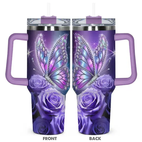 Butterfly & Rose Pattern Tumbler, 40oz Stainless Steel Insulated Tumbler with Lid, Gift for Birthdays, Holidays, or Special Moments for Family, Friends, Coworkers, Drinkware, Vacuum Insulated Flask