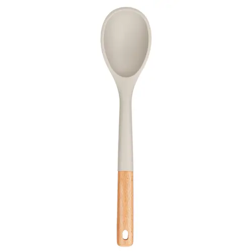 BADIANO Large Silicone Cooking Spoons, Nonstick Solid Wooden Handle Spoon, Heat Resistan Silicone Kitchen Spoons for Cooking, Serving, Basting, Mixing, 13.2inch