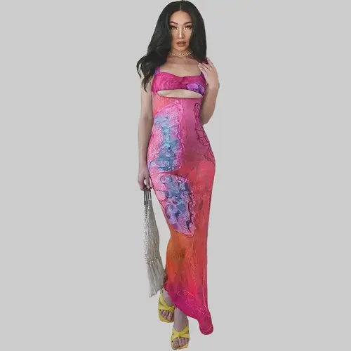 Women's 2025 Summer Mesh Floral Print Sheer Sleeveless V-Neck Bodycon Fit Maxi Dress - Elegant Casual Club Outfits, Evening Party & Birthday Dress, Bodycon Fit Dress, Evening Party Dresses, Floral Print Bodycon