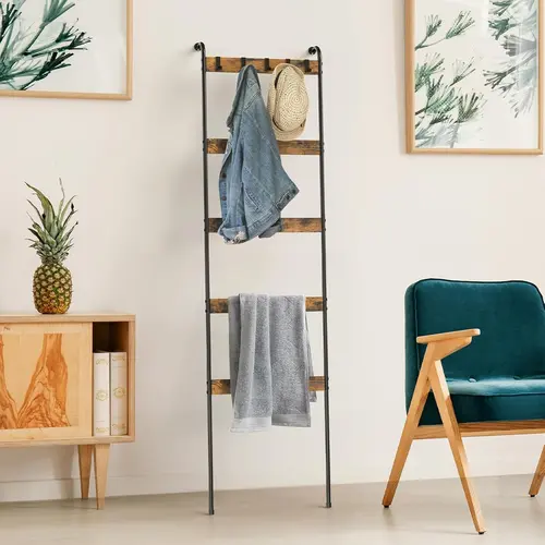 Summerwins Modern Farmhouse Iron & Wood Retro Blanket Ladder - 5-Tier Freestanding Rustic Brown Towel Rack with 10 Removable Hooks, Vertical Layout Frees Precious Floor, Wall-Leaning Home Accessory for Living Room/Home Office Storage