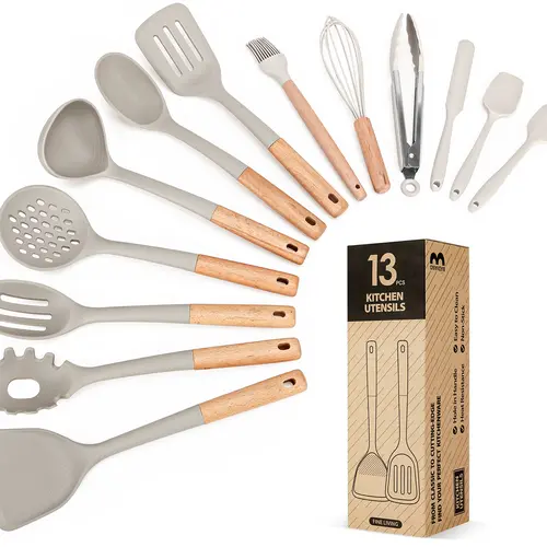 BADIANO Kitchen Utensils Set, 13PCS Silicone Cooking Utensils, Heat Resistant Kitchen Utensil Spatula Set for Nonstick Cookware, Wooden Handles Kitchen Gadgets Tools Set
