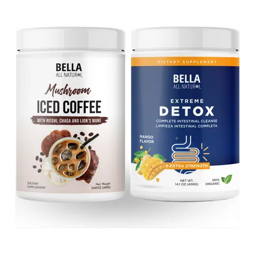 Bella All Natural Mushroom Iced Coffee and Colon Cleanse Mango