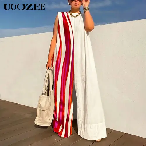 UOOZEE Women's Sleeveless Colorblock Print Striped Wide-Leg Overalls with Shoulder Pads, Linen-Cotton Baggy Casual Jumpsuits, Machine-Washable Women's Pants