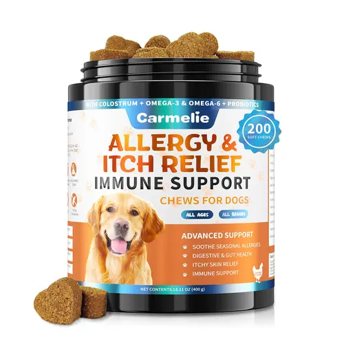 Carmelie 6-Month Universal Natural Blend Allergy & Immune Dog Chews - Itchy Relief, Skin Care, Seasonal Support, Vitamins with Colostrum, Prebiotics, Probiotics, Cider Vinegar, Vitamin C - Chicken Flavor, 200 Soft Chews