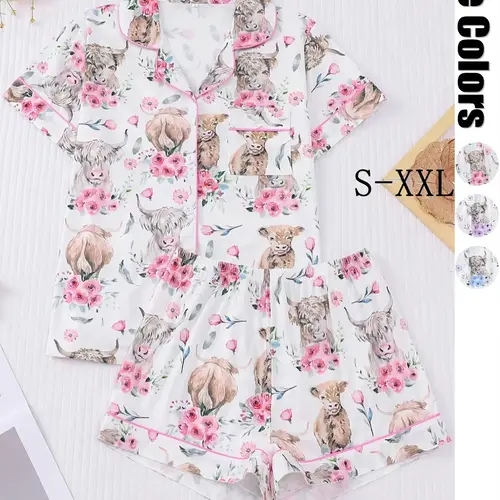 Women's All-Over Cow-Print Contrast-Trim Shirt & Elastic-Waist Shorts Pajama Loungewear Set, Casual Comfy Short Sleeve Collared Top & Shorts PJ Two-Piece Set, Lightweight Sleepwear