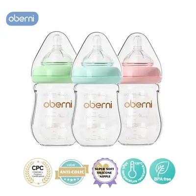 Oberni Glass Baby Breastfeeding Bottle, 150ml/5oz Anti-Colic BPA-Free Eco-Friendly Model with Natural Flow Comfortable Nipple for 0+Month Newborns, Travel-Friendly Infant Nursing Bottle