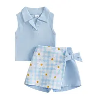Toddler Baby Girl Two Piece Summer Outfit Ribbed Sleeveless Lapel Collar Polo Tank Tops Daisy Gingham Print Bow Skort Wrap Skirt Shorts Kids Dresses Outfit 0-5Years #Summervibes,Back to School