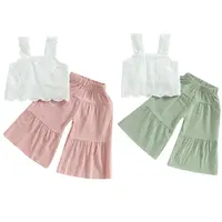 Toddler Kids Baby Girl Two Piece Outfit Solid Color Lace Cami Sleeveless Tank Tops Ruffle Bell-bottom Casual Wide Leg Pants Spring Summer Clothes #Summervibes,back to school