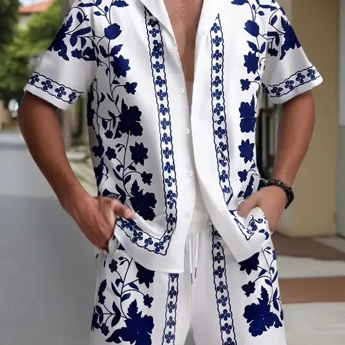 Men's Ethnic Pattern Floral Button Front Shirt & Shorts Two-Piece Set, Casual Comfy Short Sleeve Top & Shorts PJ Set, Men's Sleepwear for Summer, Summer Pajamas