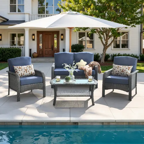 【Back To School】OVIOS 4-Piece Outdoor Patio Furniture Set with High-Back Cushions & Coffee Table, All-Weather Wicker Sofa Conversation Set for Backyard, Patio, Porch, Deck, Garden, Balcony & Poolside