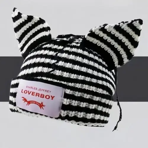 LOVERBOY Striped Cat Ears Beanie Hat - Funky Acrylic Unisex Accessory, One Size with Snug Elastic Fit & High-Stretch for Comfy Fit, Cute Striped Look, Soft Warm Casual Fall-Winter Hat