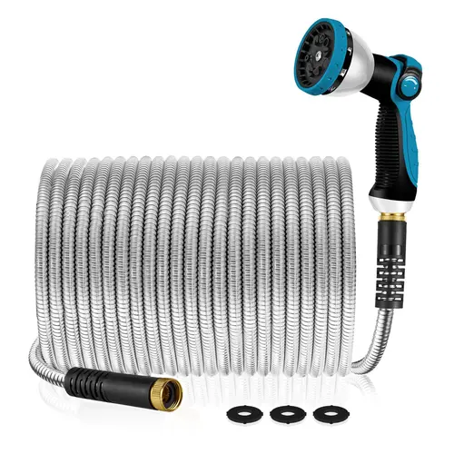 Yofidra Stainless Steel Garden Hose (50/100 ft) - Flexible, Heavy-Duty, Collapsible, No-Kink Rust-Free Hoses & Accessories with Adjustable Nozzles for Outdoor Home Use