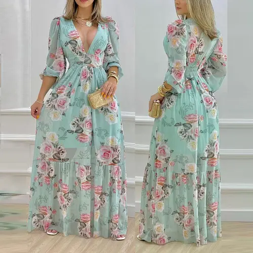 CHICME Women's Lantern Sleeve Floral Print Maxi Dress/Floral Print Lantern Sleeve Maxi Dress/Summer Dress Lightweight