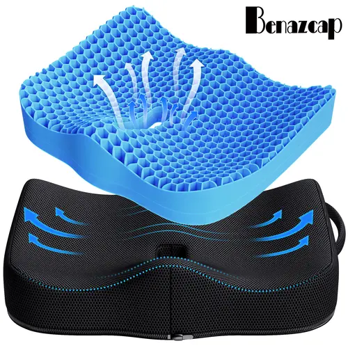 Benazcap Ergonomic Gel Seat Cushion - 3D Honeycomb Premium TPE, Soft Breathable Waterproof, Pressure & Coccyx Pain Relief - Supportive Sitting, Stress Relief for Office, Car Driving - Seat Back Cushions