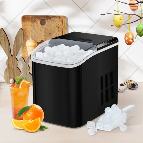 Portable Ice Making Machine - Countertop Model with Basket and Handle, 9 Cubes in 6 Mins, 26.5lbs/24Hrs, 2 Sizes of Bullet Ice for Kitchen Use, Portable Ice Machine