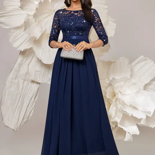 Miusol Women's Sparkly Formal Party Maxi Dress - 3/4 Sleeve, Elegant Sequin Floral Lace, Pleated Hem, Chiffon, Ruched, Ruffle, Fit, Spandex, Basic, Zipper, Formal Wear for Cocktail & Evening Events, Formal Dresses For Women, Elegant Dresses For Women