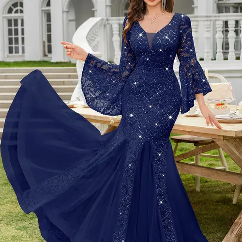Miusol 24351A Women's Elegant Pull-On Deep V-Neck Ruched Ruffle Sequin Floral Lace Mesh Tulle Hem Formal Evening Maxi Dress - Elegant, Formal, Embellished Styles for Wedding Guests, Elegant Dresses For Women