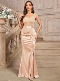 Miusol Women's Vintage Floral Lacy Bodycon Maxi Dress, Elegant V-Neck Ruffle Split Sequin Gown for Wedding Guest & Cocktail Prom, Wedding Guest Dress, Formal Wedding Guest Dress