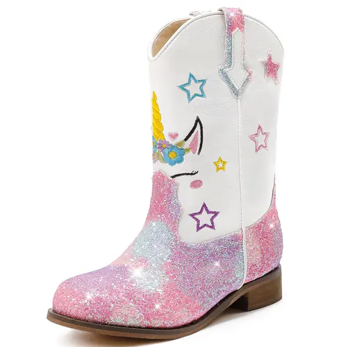 Girls' Glitter Star Sequin Mid-Calf Square Toe Unicorn Cowboy Boots - Toddler/Little Kid 6-7 Years Riding Shoes, Versatile Styling Options, All Seasons for Birthday, Role Play, Princess Dress Up Party