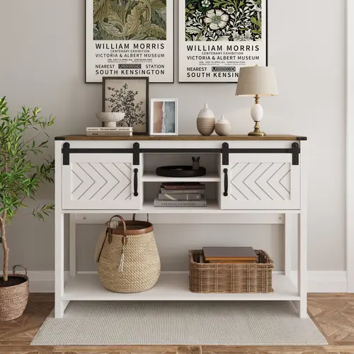 【SohoChic】RoyalCraft Entryway Table with Storage, 46" Modern Farmhouse Console Table with Sliding Barn Door, Wood Rustic Sofa Table with Adjustable Shelf for Hallway, Living Room, Foyer