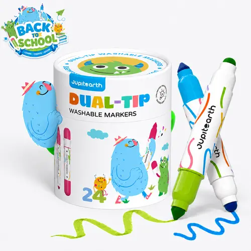 【back to school shopping】JUPITEARTH Jumbo Washable Markers for Toddlers Easy Grip, 24/12 Colors Dual-Tip Non-Toxic Skin-Friendly Cone Tip Art Markers for Kids Back to School Shopping Dual Tip Pens Coloring Supplies tiktokshopbacktoschool