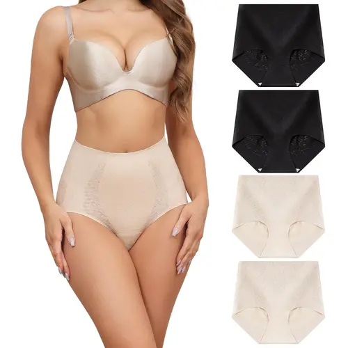 LEVAO 4 Pack High-Waist Seamless Underwear for Women, Tummy Control, Full Coverage, Soft Lace Briefs S-XXL