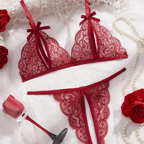 Women's Sexy Lace Lingerie Two-piece Set, Solid Color Push Up Bra & Open Crotch Panty Set, Lingerie Set for Women Underwear Sets Clothing