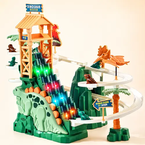NETNEW Interactive Dinosaur Circular Track Playset for Kids - Battery-Powered Dual Elevator, Automatic Vehicle Lift, Spiral Ramps, Colorful Lights, Music, 3 Racing Vehicles, 2 Dinosaur Figures, Safe Materials Gift