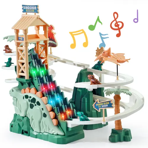 Dinosaur Chasing Race Track with Double Loop, 5 Mini Dinosaur Cars, Climbing Slide Toy with Lights & Music, Fun Stair Climbing Toy for Kids Crawling Play