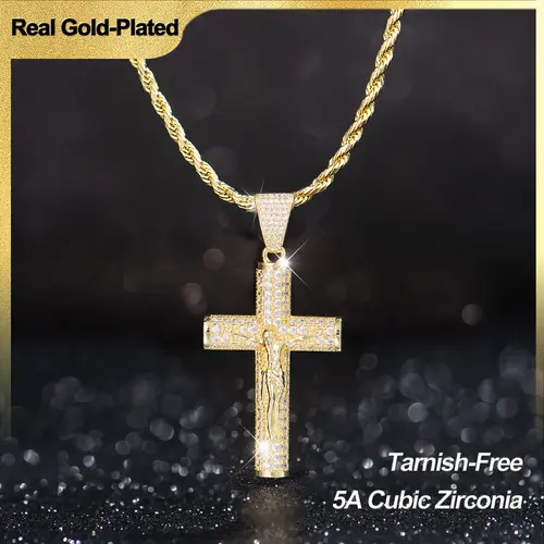 Holylegend 14K Real Gold-Plated Men's Cross Faith Necklace - Advanced Nanotech Tarnish-Free Rope, Miami Cuban, Figaro Chains with Jesus Crucifix Pendant, 24in Casual Men's Jewelry, Father’s Day Gift