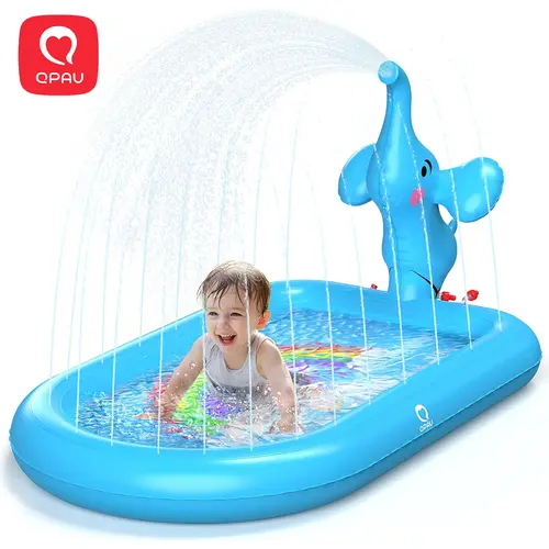 QPAU Splash Pads for Toddlers 1-3, Blue Elephant Toy Splash Pad for Kids, Outdoor Play Mat for Babies, Inflatable Sprinkler Pool for Birthday Day Gifts 1 Year Old Girl water pump homeessentials,