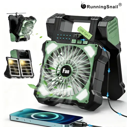 Solar Powered Camping Fan for Tent Rechargeable Battery Operated Tent Fan with LED Light, Hanging Hook,Timer, 5 Speed Portable Camping fan for Outdoor Travel Home Beach,car accessories,back to school,back to school haul