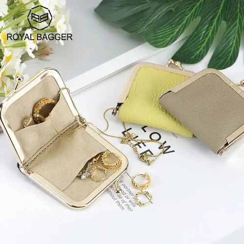 Royal Bagger Premium Genuine Leather Women's Mini Pocket Jewelry Organiser - Classic, Pocket Size, Small Jewelry Boxes & Organizers, Eco-Friendly, Slim Design, Kiss Lock Closure, Multiple Slots, Coins Stay Separated, Travel-Fit Model 3120, Gifts for Women
